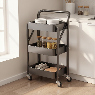Desserte pliante à roulettes noire avec poignée dans un coin de cuisine optimisant le rangement des ustensiles