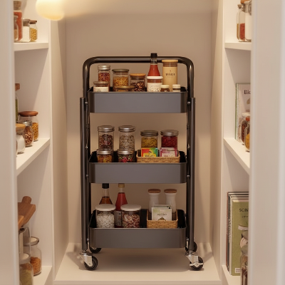 Desserte pliante à roulettes noire dans un petit garde-manger offrant un rangement compact et pratique