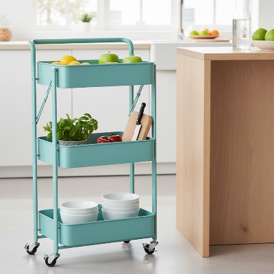  Desserte pliante à roulettes turquoise avec poignée près du comptoir facilitant la préparation des repas