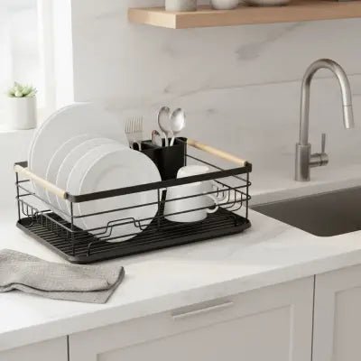 egouttoir aquasmart noir en fer pp et bois alliant fonctionnalité et élégance dans la cuisine