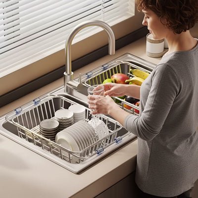 égouttoir forme panier conçu pour sécher efficacement même une grande quantité de vaisselle