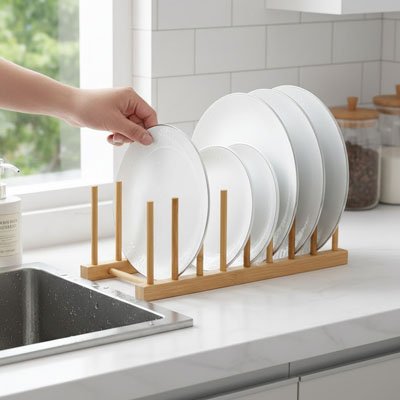 egouttoir vaisselle en bois avec picots stables pour assiettes