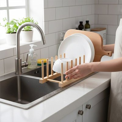 egouttoir vaisselle en bois à compartiments pour séchage rapide