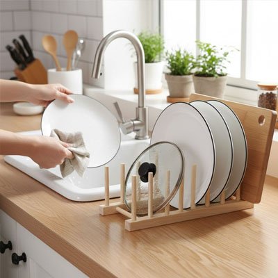 egouttoir vaisselle en bois clair pour séchage naturel et efficace