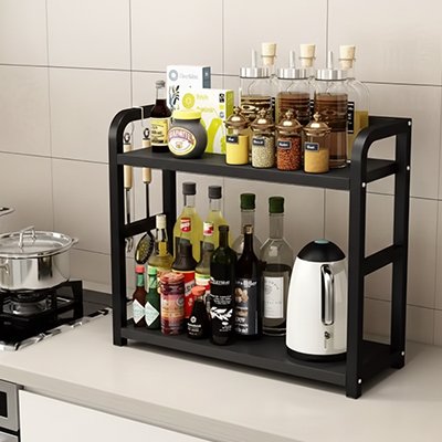 etagere cuisine rustique noir sur plan de travail