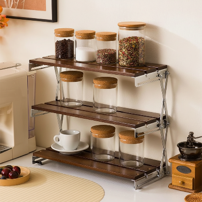 etagere cuisine 3 niveaux noyer solide bocaux café et sucre stables au quotidie