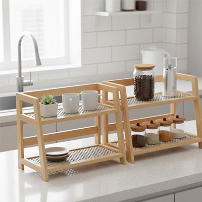 étagère de cuisine design en bois et rotin avec bocaux d'épices sur comptoir blanc