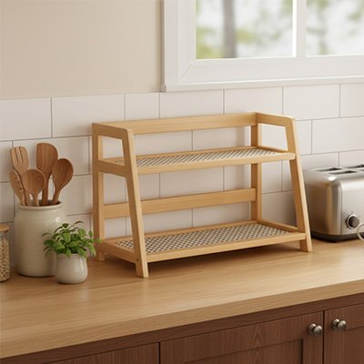 étagère de cuisine design en bois et rotin vide sur comptoir