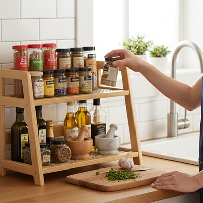 étagère de cuisine design bois rotin huiles épices différents articles cuisine