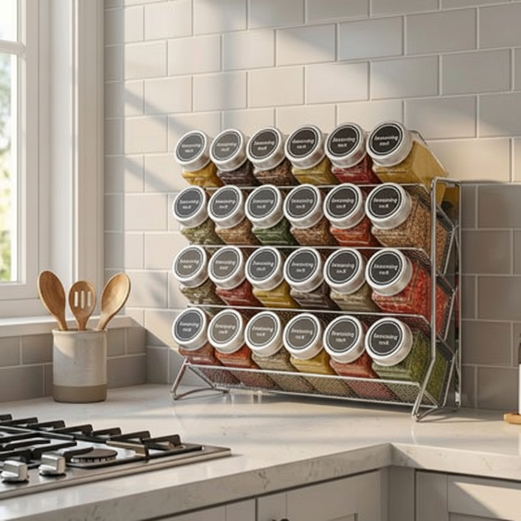 etagere murale cuisine argenté rangement pratique pour epices facile a installer 
