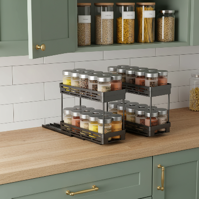 etageres pour cuisine noire 2 niveaux coulissante épices toujours visibles et accessibles