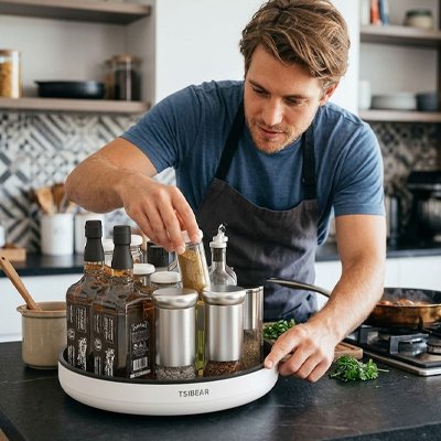 plateau tournant cuisine épices accessibles d'un simple geste fluide