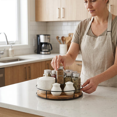 plateau tournant en bois design femme organisant épices gain de temps