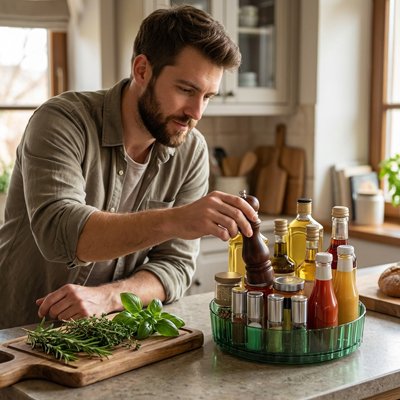 plateau tournant organisateur rotatif vert épices huiles herbes cuisine gain de temps