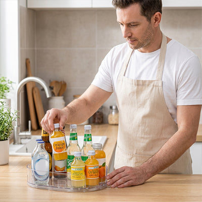 plateau tournant rotatif 360° homme cuisine moderne bouteilles de jus bien rangées