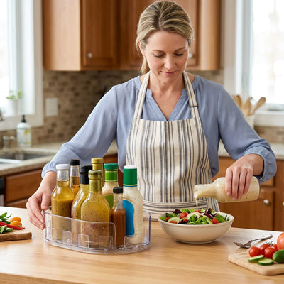 plateau tournant rotatif 360° femme cuisine huiles et sauces organisées pour cuisiner