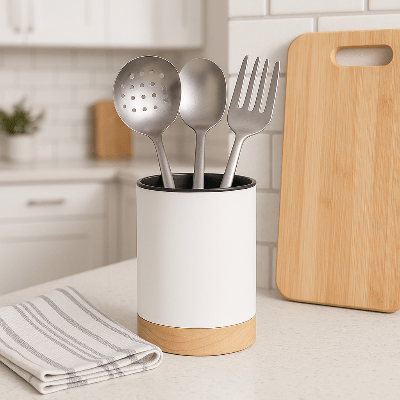 pot à ustensiles cuisine plastique blanc robuste et stable même rempli