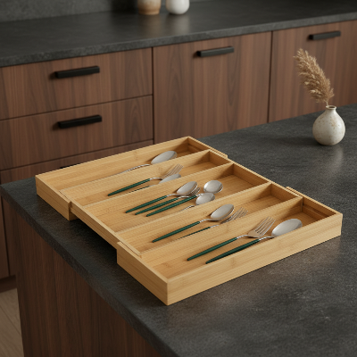 range couvert extensible bambou déployé pour doubler sa capacité