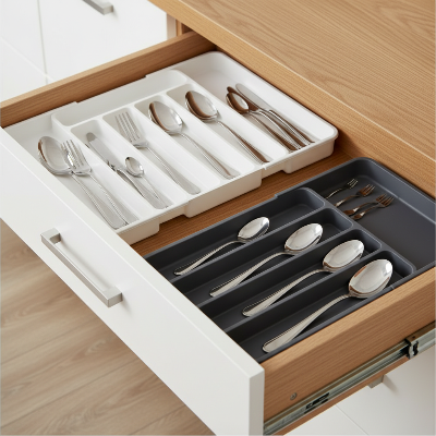 range couvert modulable 20.5–35.3cm gris étendu accueille toute la coutellerie en un clin d'œil