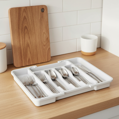 range couvert modulable ajustable 5-7 compartiments extensible plateau blanc cuisine epuree
