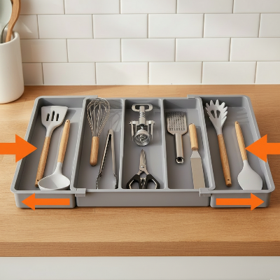 range-couverts extensible gris s'adapte exactement à la largeur de votre tiroir