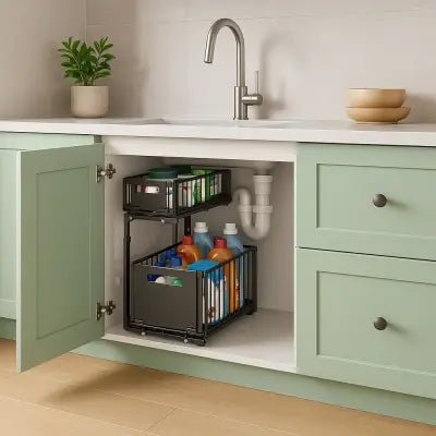 organisation optimale avec rangement coulissant sous evier double niveau robuste
