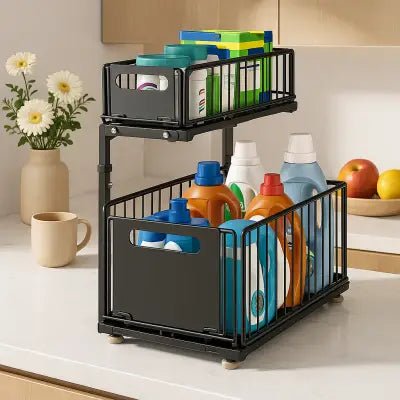 solution pratique de rangement coulissant sous evier double niveau pour grandes bouteilles