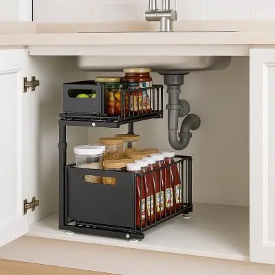 rangement coulissant sous evier double niveau avec hauteur réglable et installation rapide