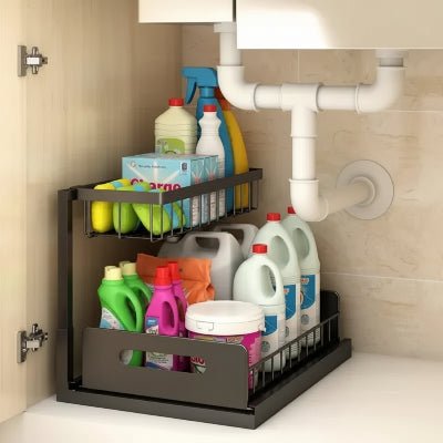 système de rangement sous evier coulissant métal noir robuste et durable
