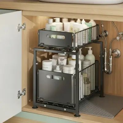 rangement sous evier coulissant panier tiroir double niveau hauteur reglable