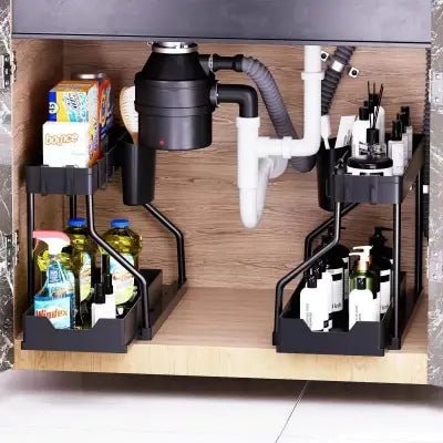 rangement sous evier forme l double niveau pour multiplier capacité de stockage