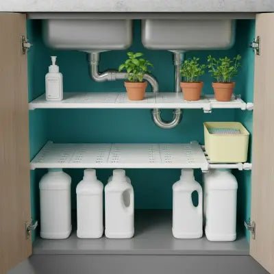 rangement sous evier télescopique ajustable pour meuble étroit et organisation pratique