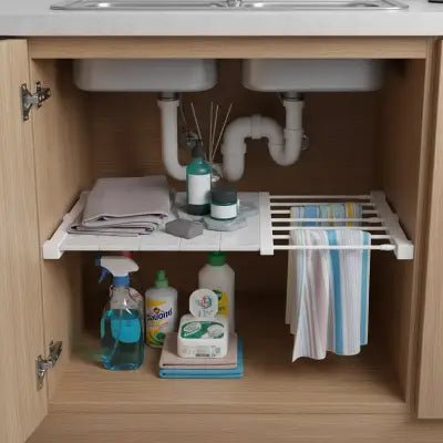 rangement sous evier télescopique avec barres porte serviettes pour torchons accessibles