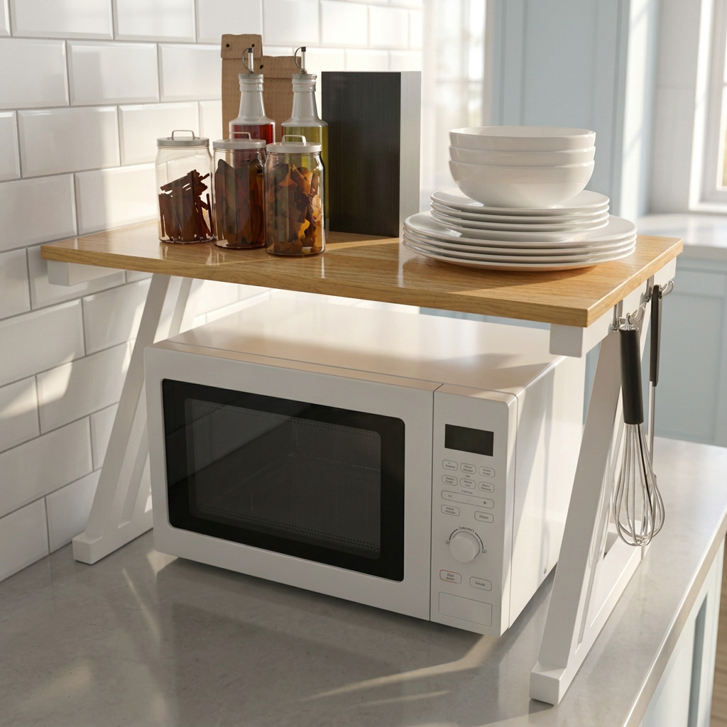 Étagère avec micro-ondes dans une cuisine contemporaine claire