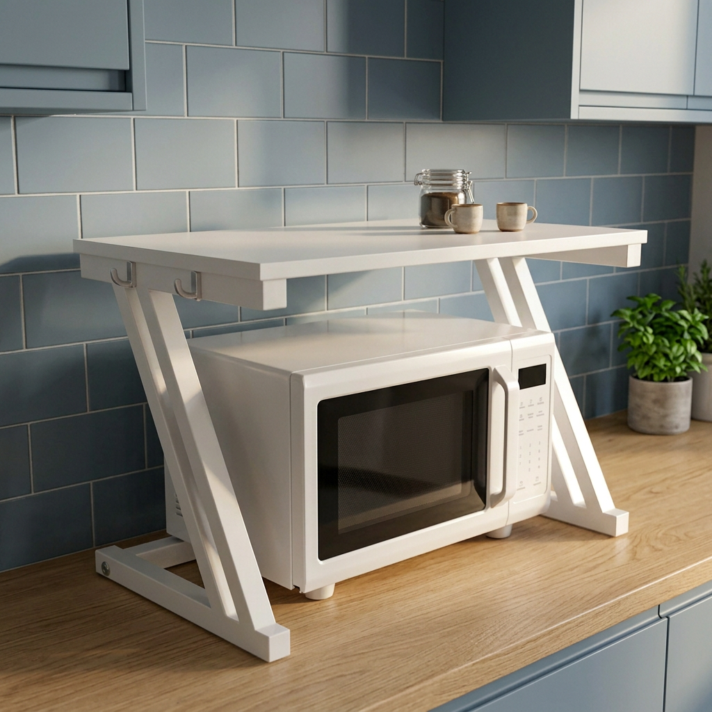 Étagère blanche avec micro-ondes dans une cuisine bleu-gris et bois clair