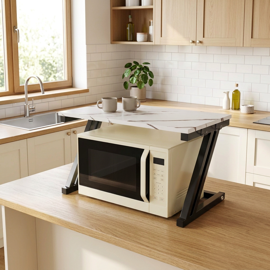 Étagère noire avec micro-ondes crème dans une cuisine lumineuse