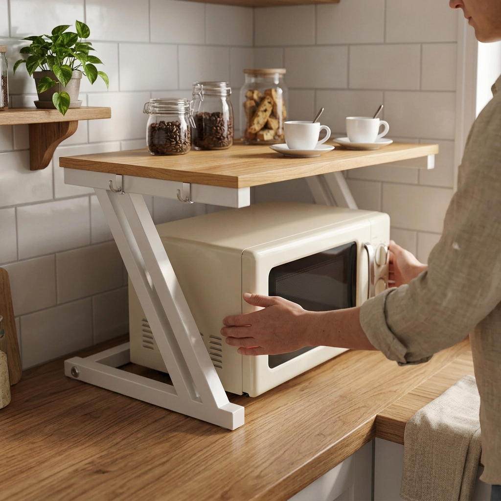Personne installant un micro-ondes dans la cuisine scandinave